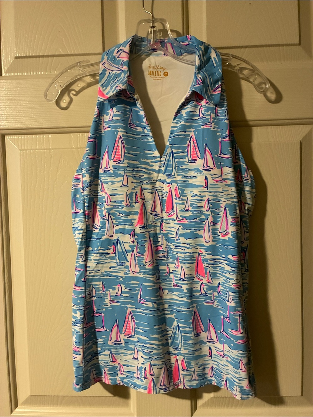 Lilly Pulitzer Luxletic Sleeveless Polo Top Sailboat Print Built in Bra